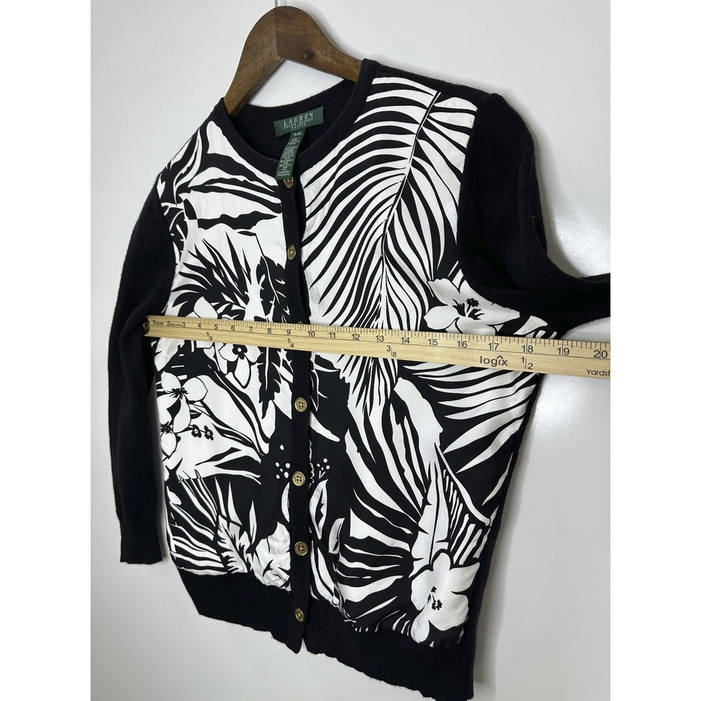 Lauren Ralph Lauren Silk Cashmere Tropical Floral Cardigan Black White Petite M - Picture 9 of 14